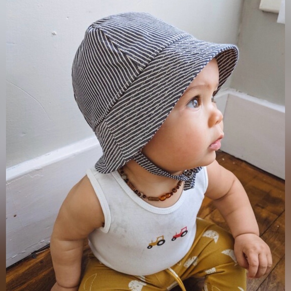 Blue & White Striped Cotton Baby Sun Hat w/Chin Strap engineer stripe 12-24 mo